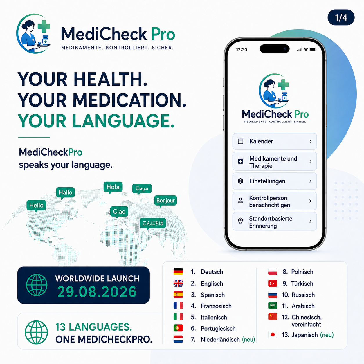 MediCheck Pro Menü mit Kalender, Medikamente und Therapie, Einstellungen, Kontrollperson und Standort-Erinnerung